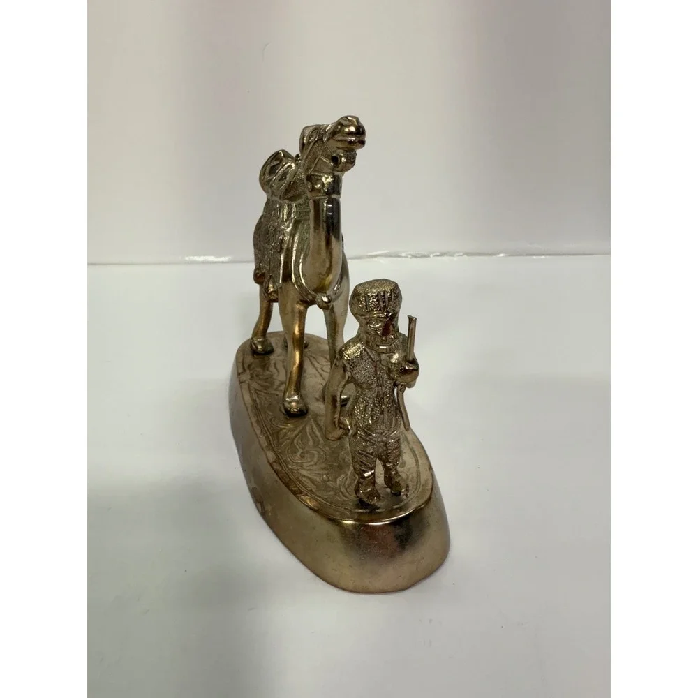 Vintage Silver Tone Metal Camel and Handler Figurine Statue on Decorative Base